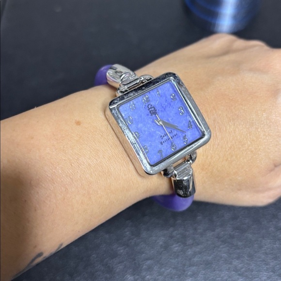 Genuine Jade of Yesteryear Purple and Silver Square Face Bangle Watch WORKING main image 5